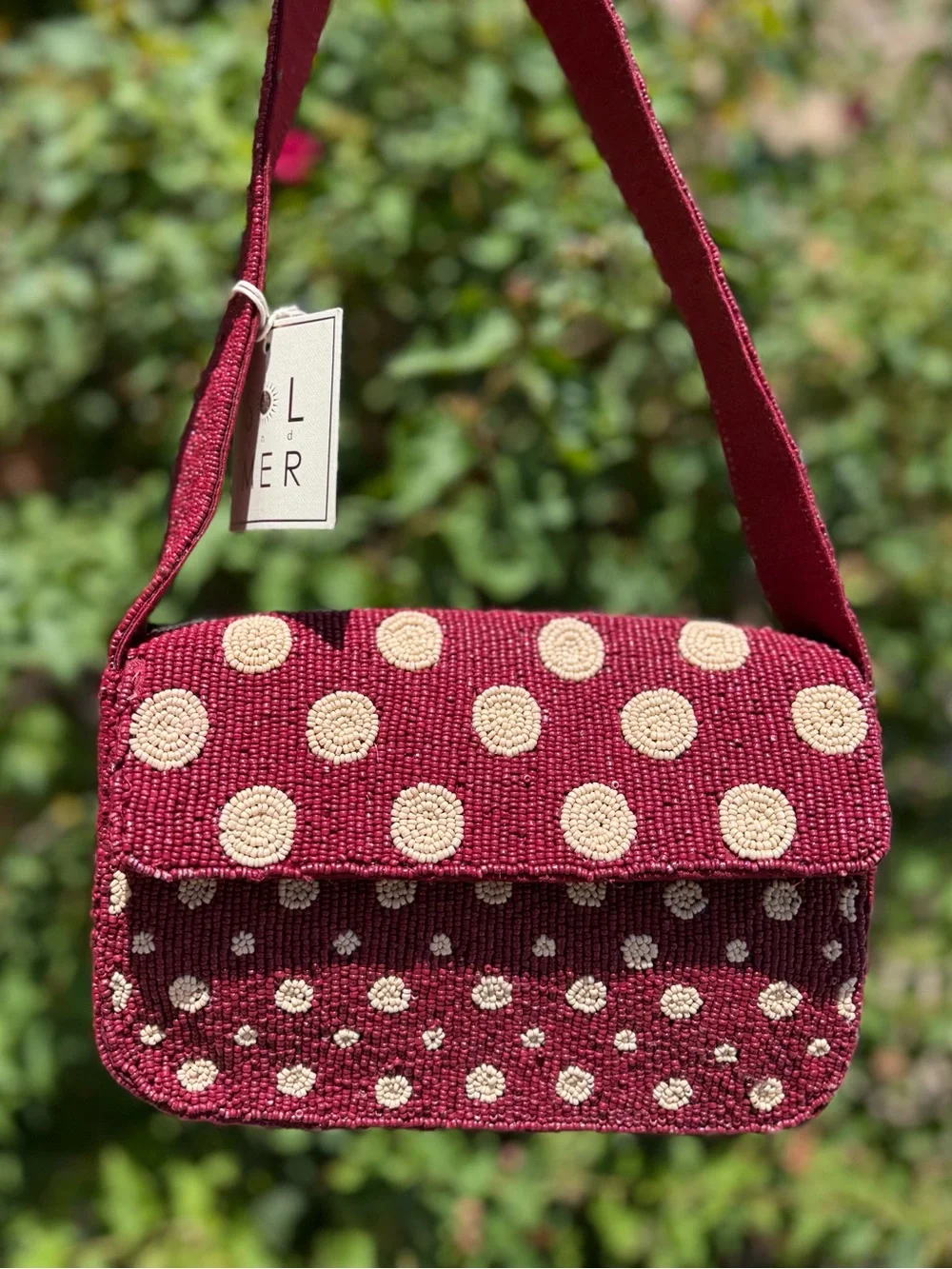 NWT Sol and Mer Maroon Burgundy Red Polka Dot Beaded Shoulder Bag Fall Winter